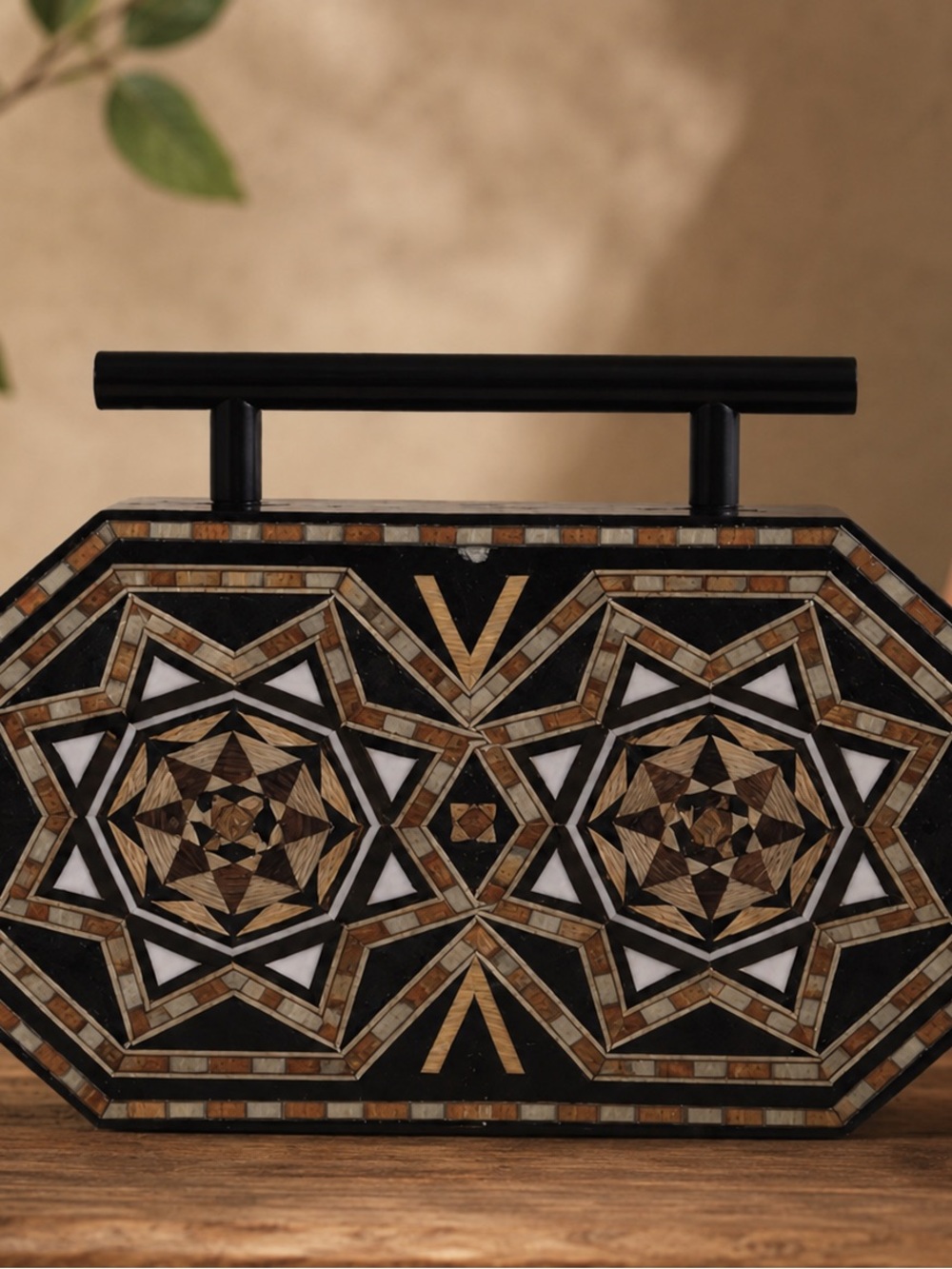 Geometric Mosaic Octagonal Clutch in Black, Brown & White